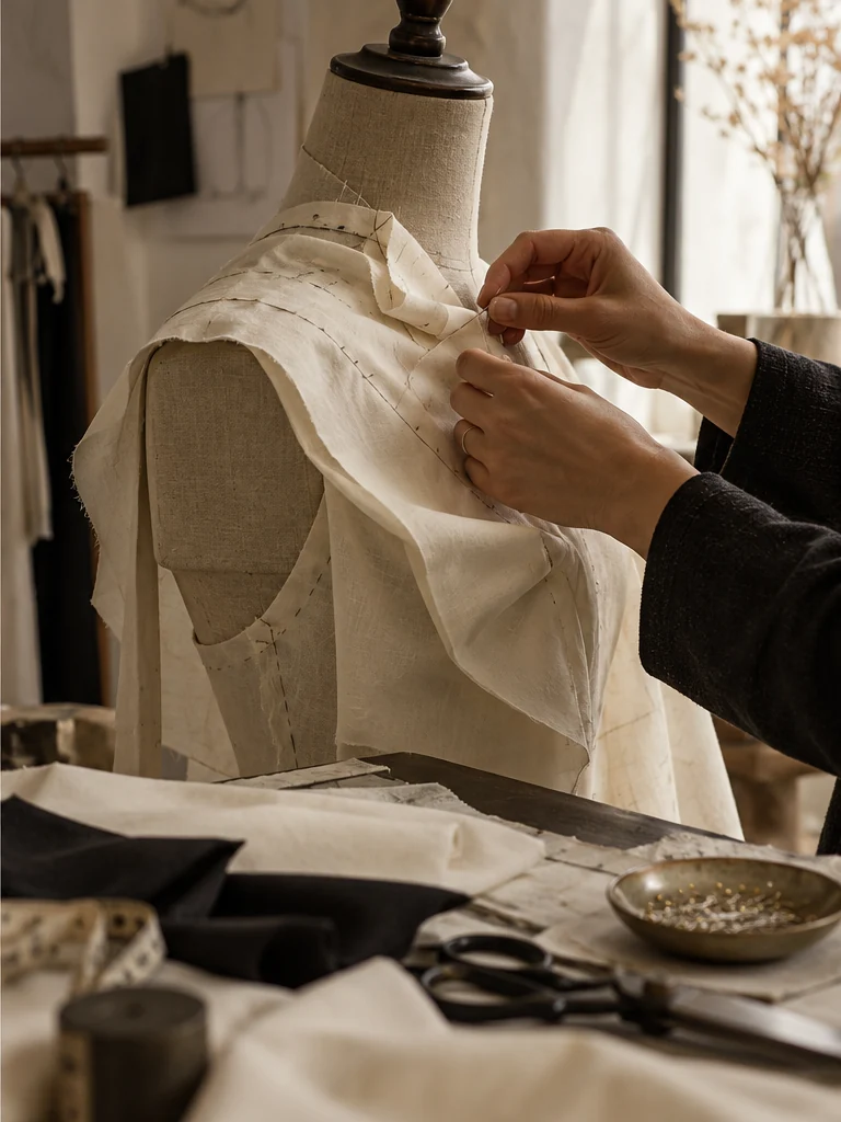 Hands carefully pinning fabric to a dress form