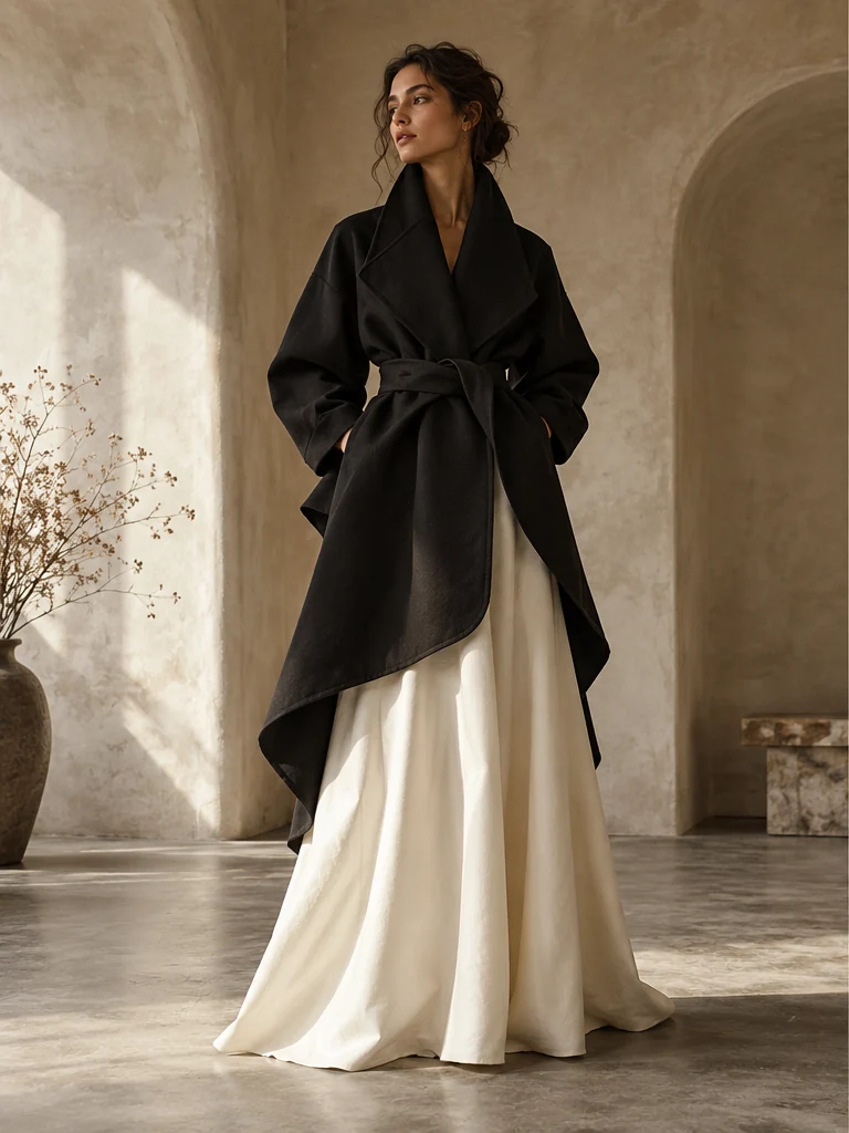 Sculptural charcoal coat and ivory skirt, styled for the fau.mech editorial
